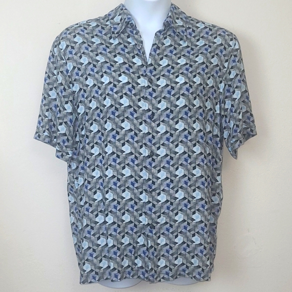 Claiborne Men's button down shirt short sleeve blue black geometric print EUC - Picture 1 of 5